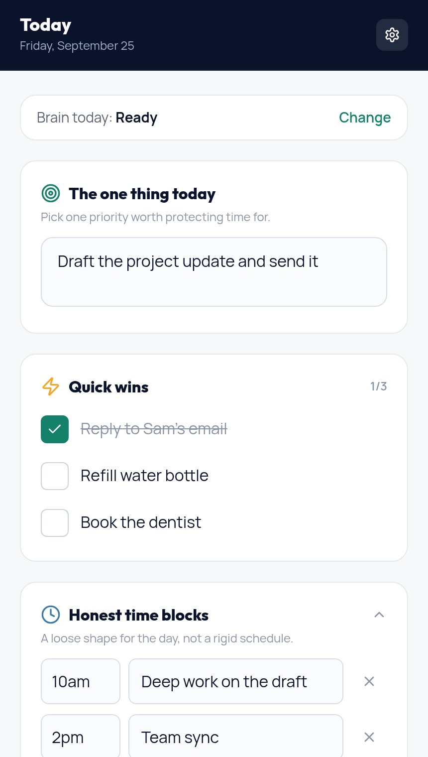 The Today web app showing one priority, three quick wins, and two honest time blocks