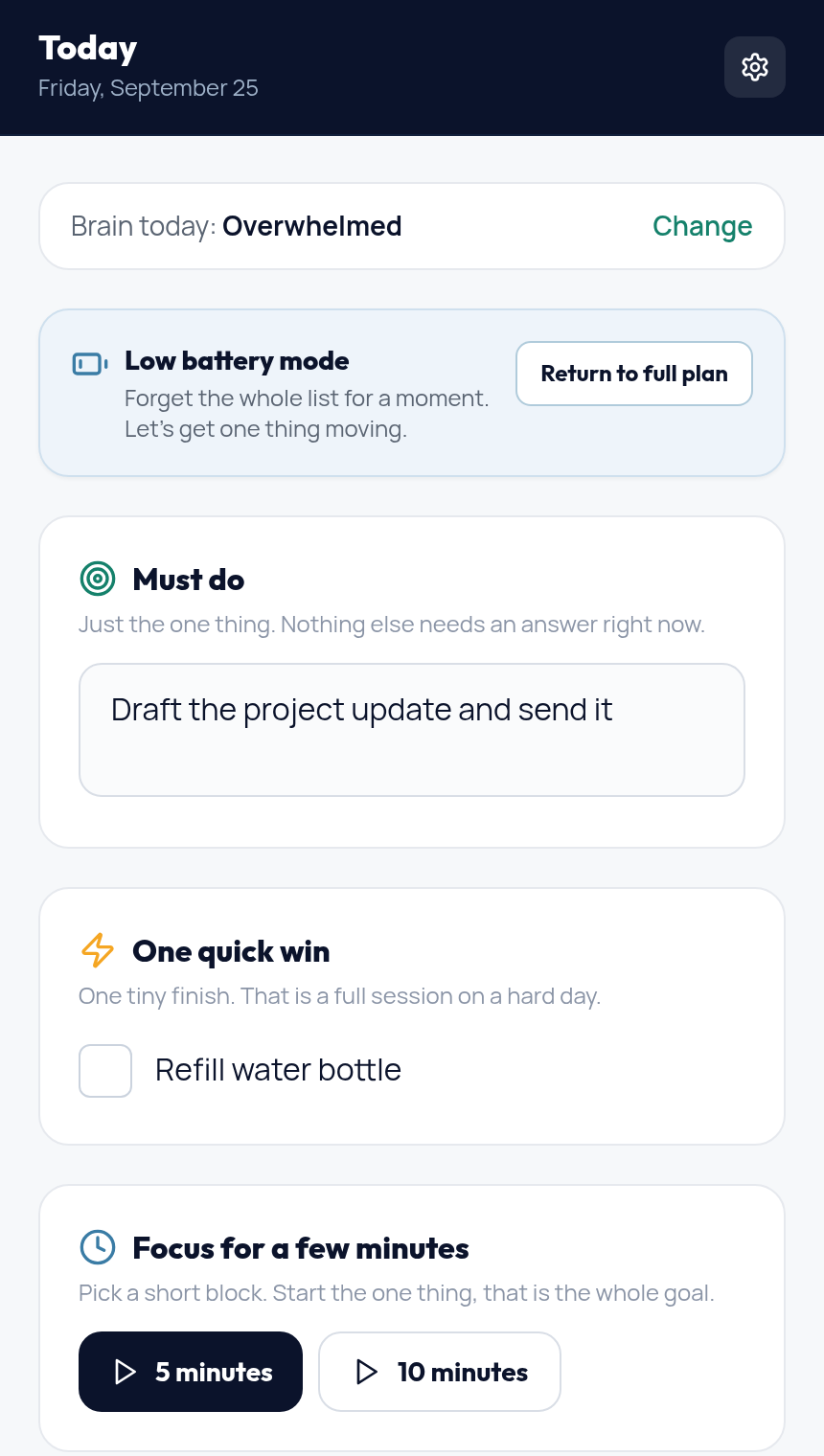 Low Battery Mode in the Today web app, showing one must do, one quick win, and a focus timer